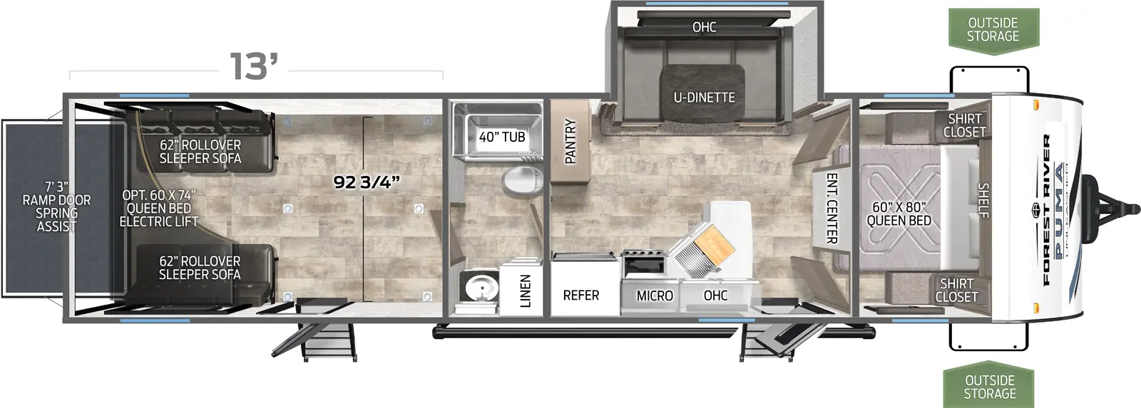 The Puma Unleashed 29TH floorplan is a toy hauler that has two entries and one slide out. Exterior features include: metal exterior and 21' awning. Interiors features include: u-dinette, front bedroom and pass through bathroom.